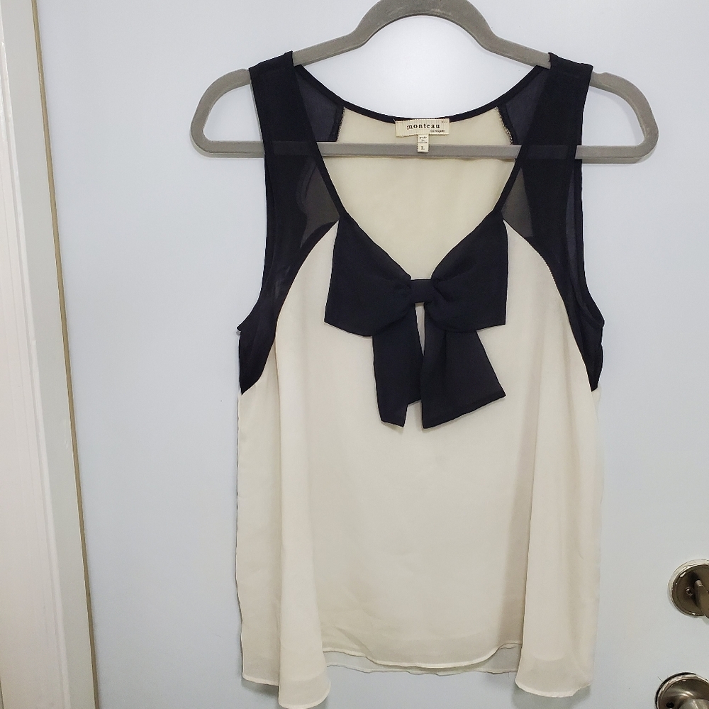 Monteau Cream and Black Tie Front Blouse Size L